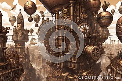 A steampunk metropolis adorned with intricate gears, towering clockwork buildings, and airships soaring through the skies Cartoon Illustration