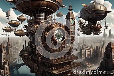 A steampunk metropolis adorned with intricate gears, towering clockwork buildings, and airships soaring through the skies Cartoon Illustration
