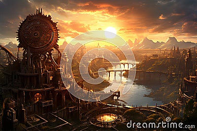 Steampunk Metropolis at Sunset. A sprawling steampunk city with gears and cogs, AI Generated Stock Photo