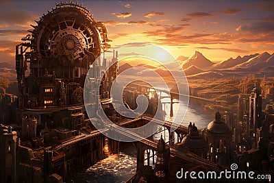 Steampunk Metropolis at Sunset. A sprawling steampunk city with gears and cogs, AI Generated Stock Photo