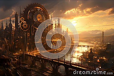 Steampunk Metropolis at Sunset. A sprawling steampunk city with gears and cogs, AI Generated Stock Photo