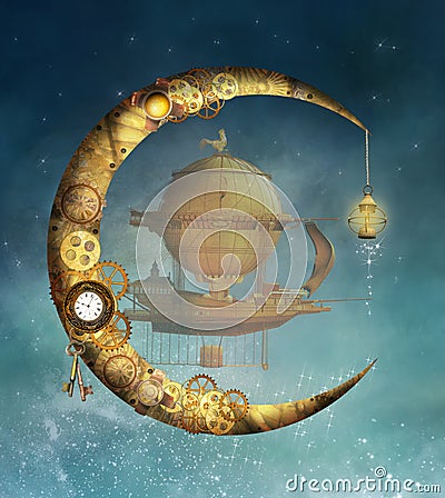 Steampunk moon and a fantasy air balloon Cartoon Illustration