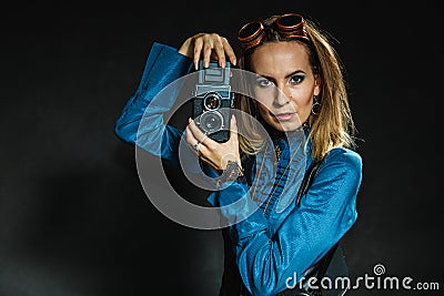 Steampunk with old retro camera. Stock Photo