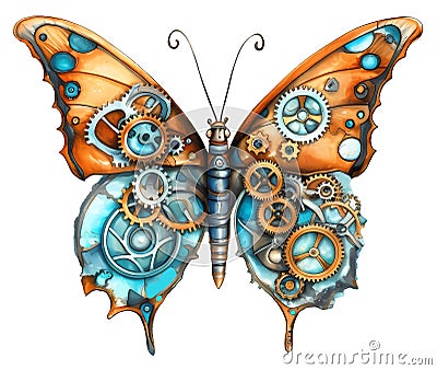 Steampunk orange and blue butterfly with mechanical gears in a watercolor style. Fantasy insect illustration. Created with Cartoon Illustration