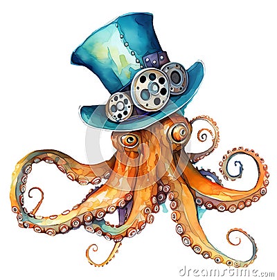 Steampunk orange octopus in a blue hat with mechanical gears in a watercolor style. Fantasy ocean animals illustration. Under the Cartoon Illustration