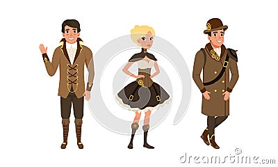 Steampunk People Set,Male and Female Persons Wearing Retro Stylish Steampunk Style Suits and Goggles Cartoon Vector Vector Illustration
