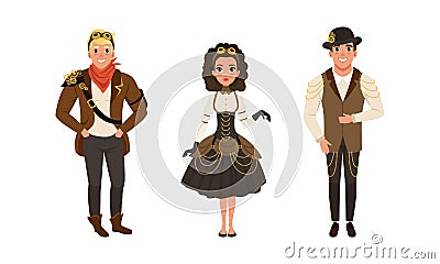 Steampunk People Set, Stylish Young Men and Women Wearing Retro Steampunk Suits and Goggles Cartoon Vector Illustration Vector Illustration