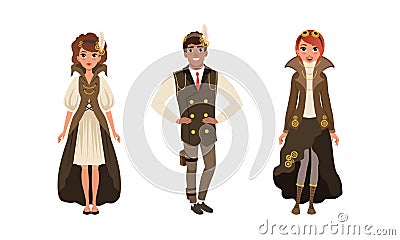 Steampunk People Set,Young Man and Woman Wearing Retro Stylish Steampunk Style Suits and Goggles Cartoon Vector Vector Illustration