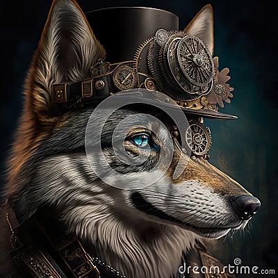 Steampunk portrait of the wolf. Created with Generative AI Stock Photo
