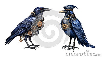 Steampunk raven watercolor clipart illustration with isolated background Cartoon Illustration