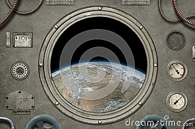 Steampunk Spaceship With View of Earth Stock Photo