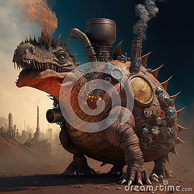 Steampunk stegosaur dinosaur with erupting volcano, generative AI Stock Photo