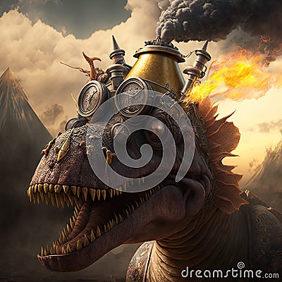 Steampunk stegosaur dinosaur with erupting volcano, generative AI Stock Photo