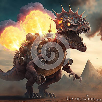 Steampunk stegosaur dinosaur with erupting volcano, generative AI Stock Photo