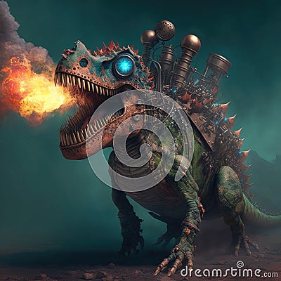Steampunk stegosaur dinosaur with erupting volcano, generative AI Stock Photo