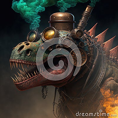 Steampunk stegosaur dinosaur with erupting volcano, generative AI Stock Photo