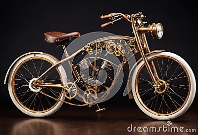 a steampunk-style bicycle with complex mechanical components. Stock Photo