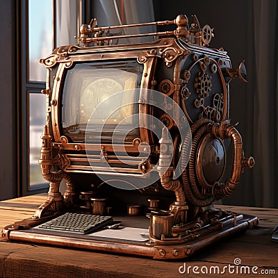 Steampunk style computer with monitor and keyboard. Generative AI Stock Photo