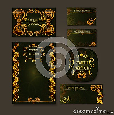 Set of retro blanks in steampunk style. Steampunk background with golden decorative Stock Photo