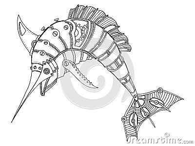 Steampunk style swordfish coloring book vector Vector Illustration