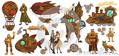 Steampunk technologies, fantasy vintage transport and people cartoon characters, vector illustration Vector Illustration