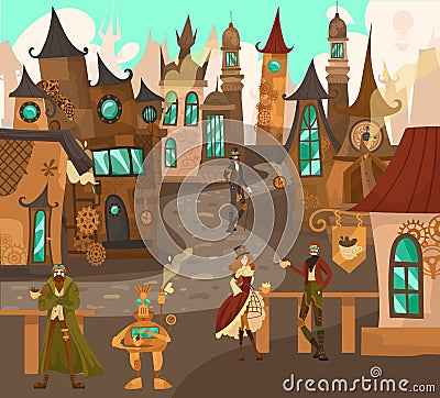 Steampunk technology characters in fairytale town with old european architecture houses, fantasy castles history of Vector Illustration