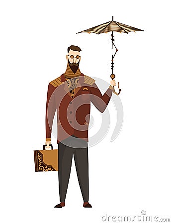 Steampunk technology, fantasy vintage illustration with cartoon man in steampunk costume. Steam punk invention. People Vector Illustration