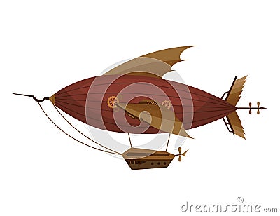 Steampunk technology, fantasy vintage illustration with cartoon mechanical vehicle. Steam punk invention. Airship with Vector Illustration