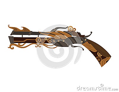 Steampunk technology, fantasy vintage illustration with cartoon pistol. Steam punk invention. Gun with mechanical Vector Illustration