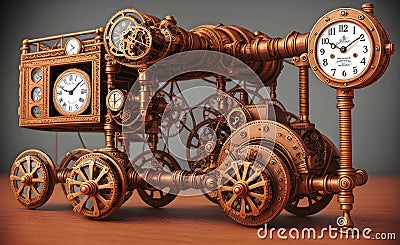 Steampunk time machine fantastic vehicle, retro technology illustration. Generative Ai Cartoon Illustration