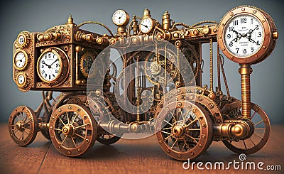 Steampunk time machine fantastic vehicle, retro technology illustration. Generative Ai Cartoon Illustration