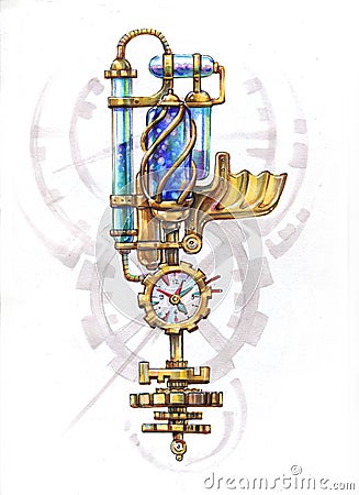Steampunk Time Machine Key. freehand drawing. marker and color pencil Stock Photo