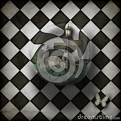 Steampunk time warp bubble on chequered background Stock Photo