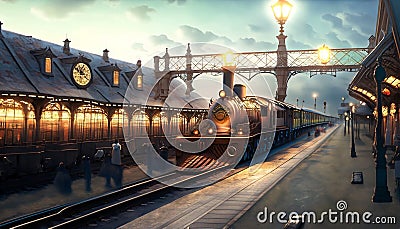 steampunk train station illustration Cartoon Illustration