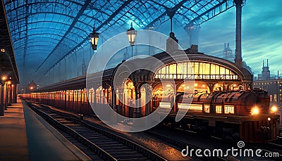 steampunk train station illustration Cartoon Illustration