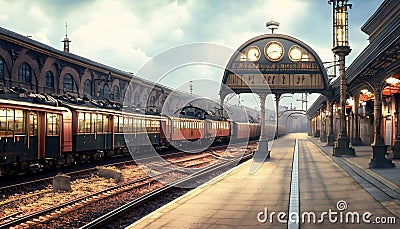 steampunk train station illustration Cartoon Illustration