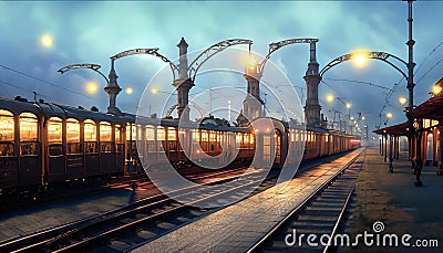 steampunk train station illustration Cartoon Illustration