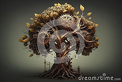 Steampunk Tree Art Futuristic Design. Generative AI Stock Photo