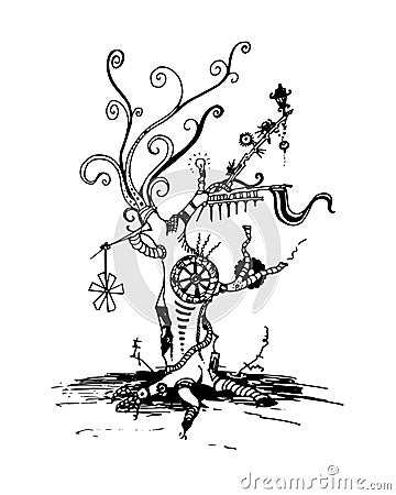 Steampunk tree - ink vector greeting card abstract. Pipes, smoke, pollution, gears, industry, robotic, machinery, dead. Vector Illustration