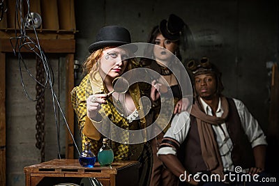 Steampunk Trio with In Retro Lab Stock Photo