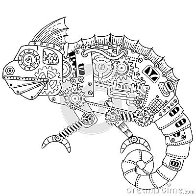 Steampunk vector coloring page. Vector coloring book for adult for relax and meditation. Art design of a fictional mechanical Vector Illustration