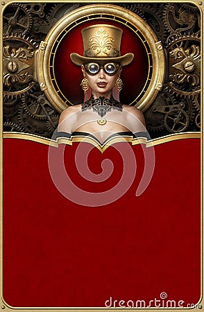 Steampunk victorian poster design with top hat and goggles lady illustration Stock Photo