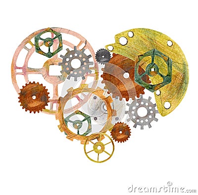Steampunk vintage heart with cogs, gears and ventils. Cartoon Illustration