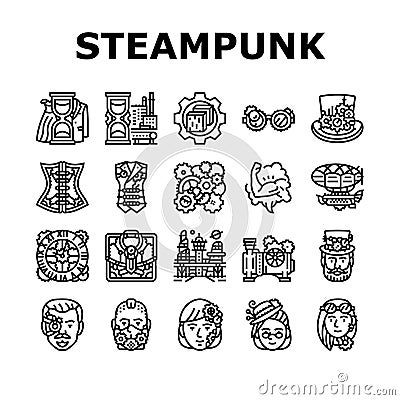 steampunk vintage metal steam icons set vector Cartoon Illustration