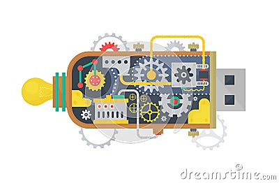 Steampunk vintage USB flash drive with different small gears and lamps inside. Vector illustration Vector Illustration