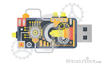 Steampunk vintage USB flash drive with different small gears and lamps inside. Vector illustration Vector Illustration