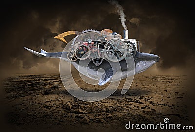 Steampunk Whale, Flying Machine, Imagination Stock Photo