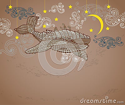 Steampunk whale in night sky Vector Illustration