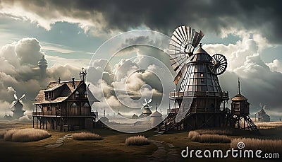 steampunk windmill in the evening solar and wind powered farm ai created Stock Photo