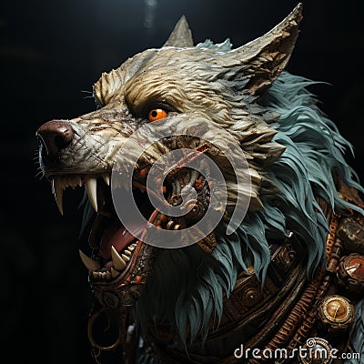 Steampunk Wolf: A Dark Cyan And Light Amber Portrait Stock Photo